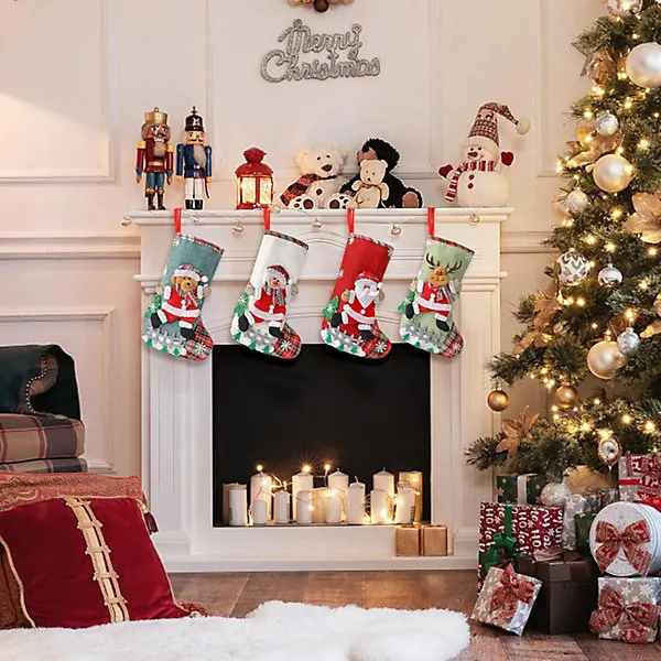 Christmas Stocking Set of 4 Xmas Stockings Personalised Christmas Stockings  Santa Snow Elk Pattern Stockings Christmas