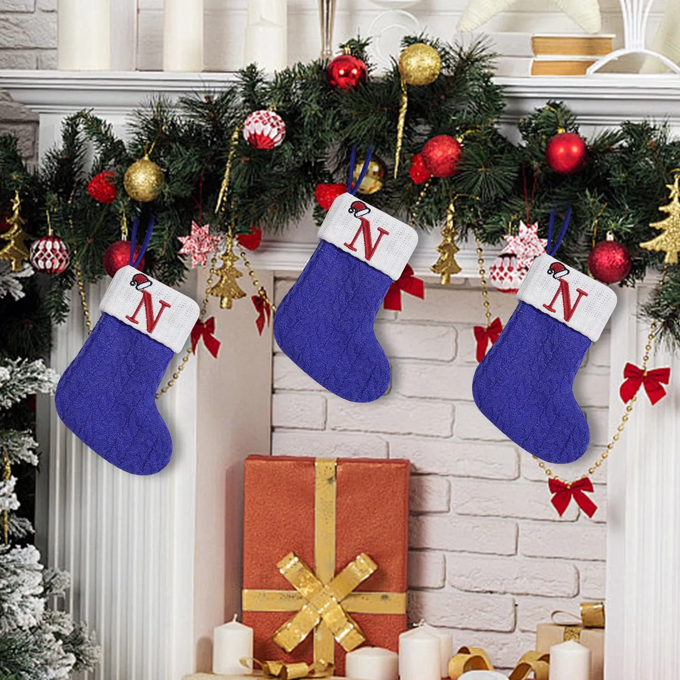 Christmas Stockings Ornaments,Christmas Socks Decoration,Christmas Tree  Hanging Decoration,Knitted Hosiery Wool Hosiery Embroidered Letter  Children's Candy Gift Bag Blue Christmas Stocking Gift Bag 