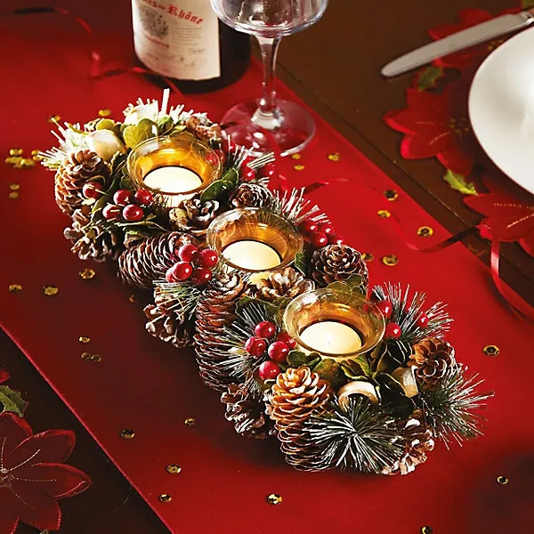 Christmas Table Candle Holder Decoration - Artificial Holly, Berry &  Frosted Pinecone Festive Xmas Wreath with 3