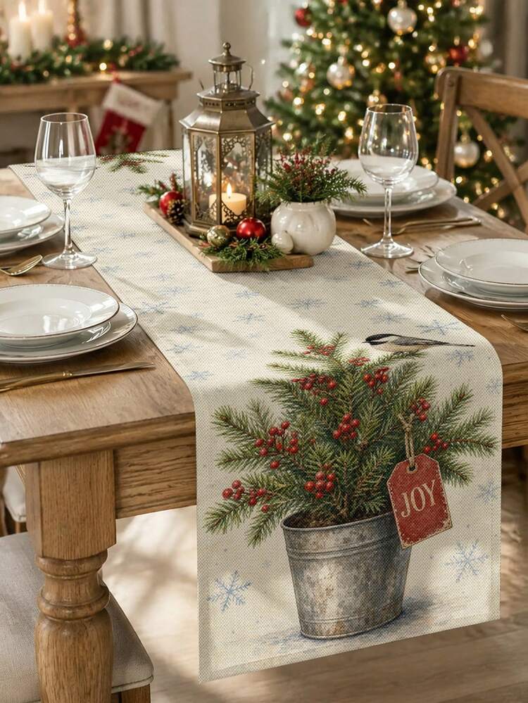 Christmas Table Runner, Throw Pillow, Placemat, Vintage Iron Bucket Pine  Branch Red Berry & Bird JOY Tag Print, Snowflake Pattern, Kitchen & Dining  Room Holiday Tabletop Decor | SHEIN USA