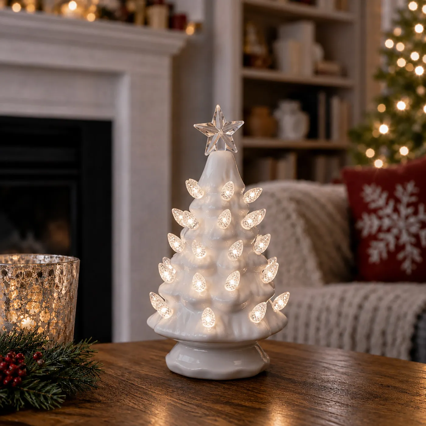 Christmas Tree Ornaments White Ceramic Seasonal Ornaments Ceramic Christmas  Decorations For Home LED Lighted White Figurine