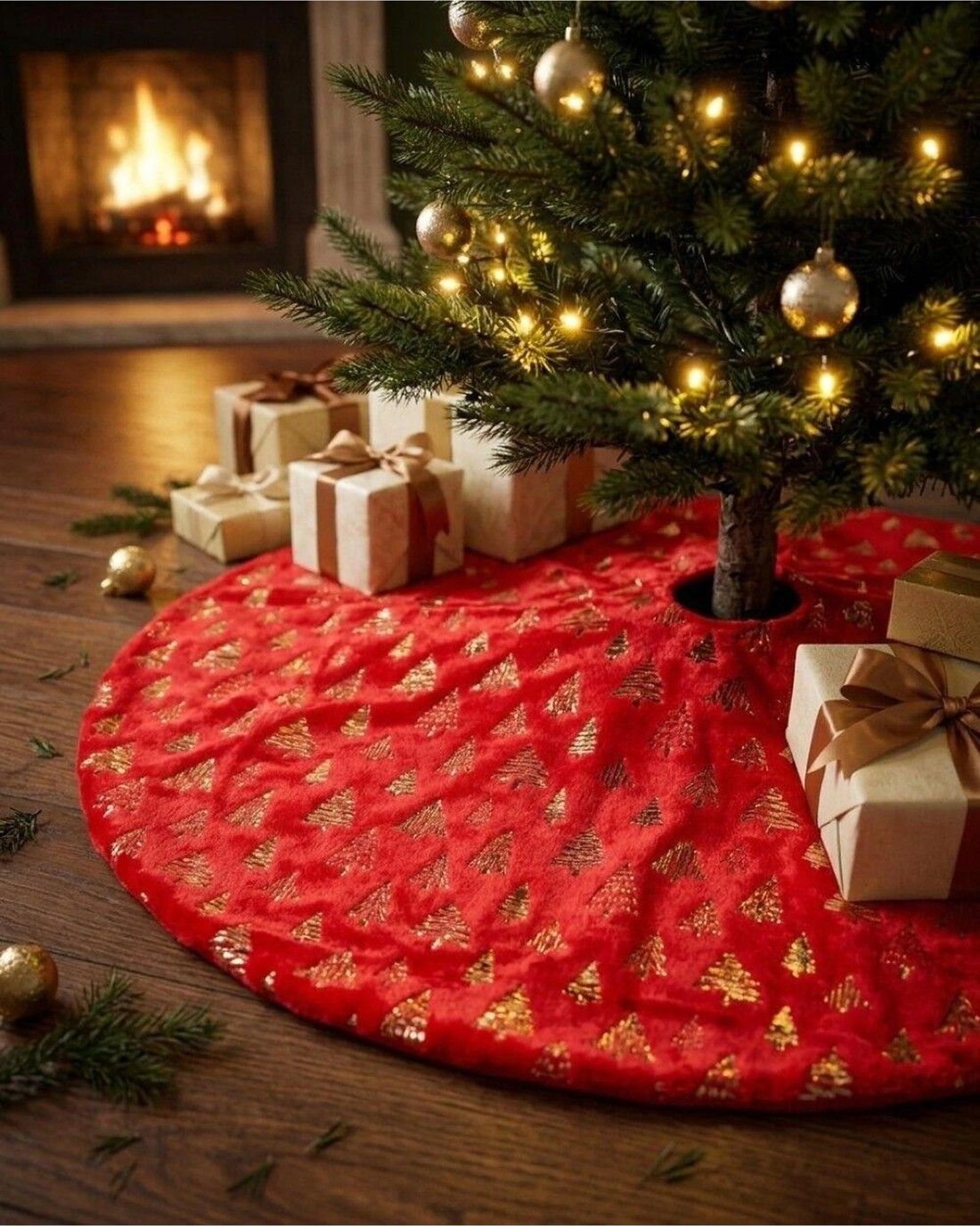Christmas Warehouse 1m Red Plush Faux Fur & Gold Foil Trees Christmas Tree  Skirt - Kmart