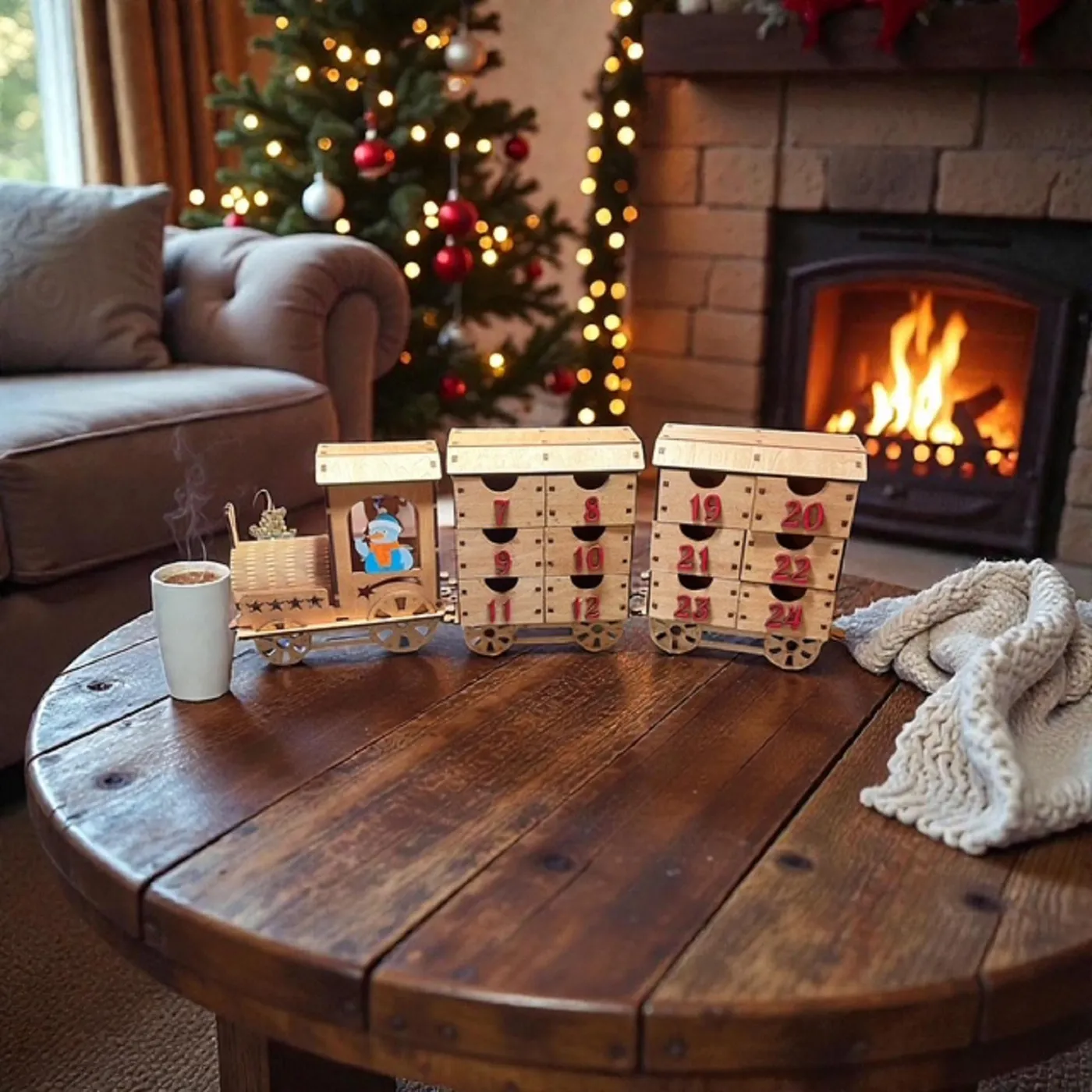 Christmas Wooden Train Advent Calendar, holiday countdown, Family Holiday tradition
