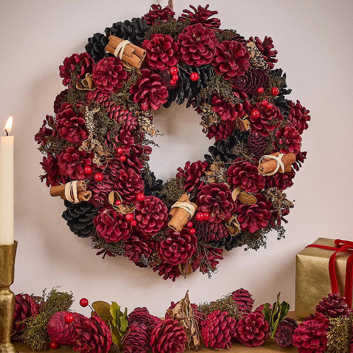 Cinnamon Pinecone 36cm Christmas Wreath and 1.05m Garland for Front Door Décor
