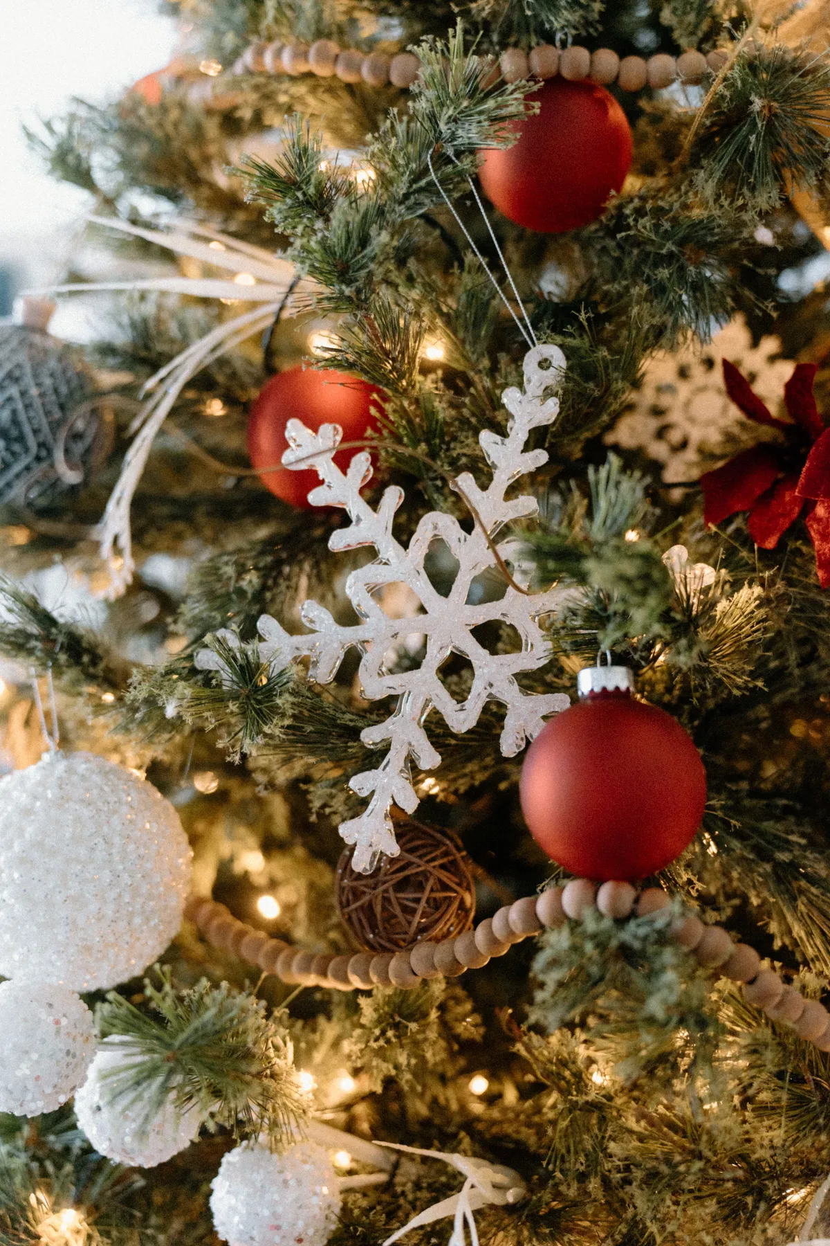Close-up of a decorated Christmas tree with ornaments and holiday lights.