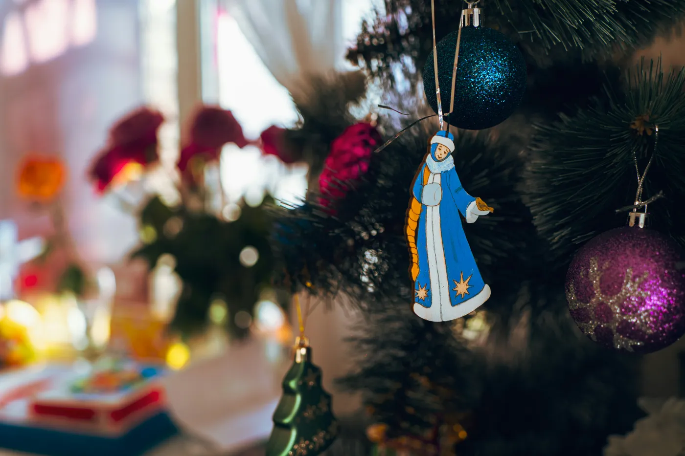 Close up of decorated christmas tree with ornaments