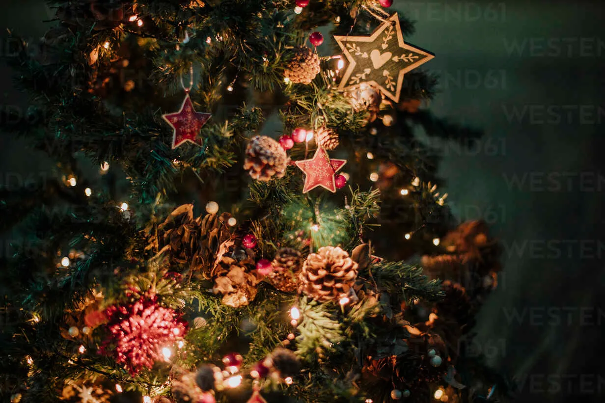 Close-up of illuminated Christmas tree at night stock photo
