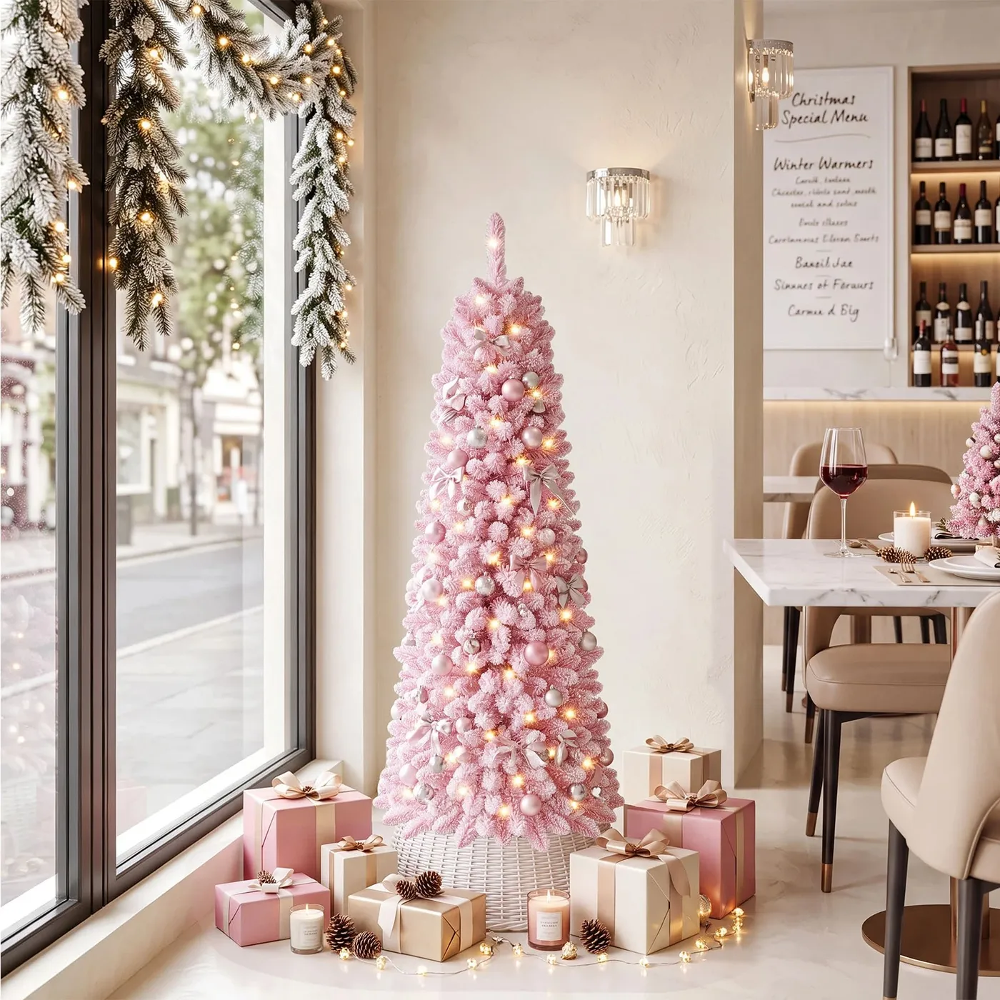 Costway 1.5M Pink Flocked Christmas Tree Artificial Pre-Lit Xmas Tree 8  Modes - Pink - Kmart