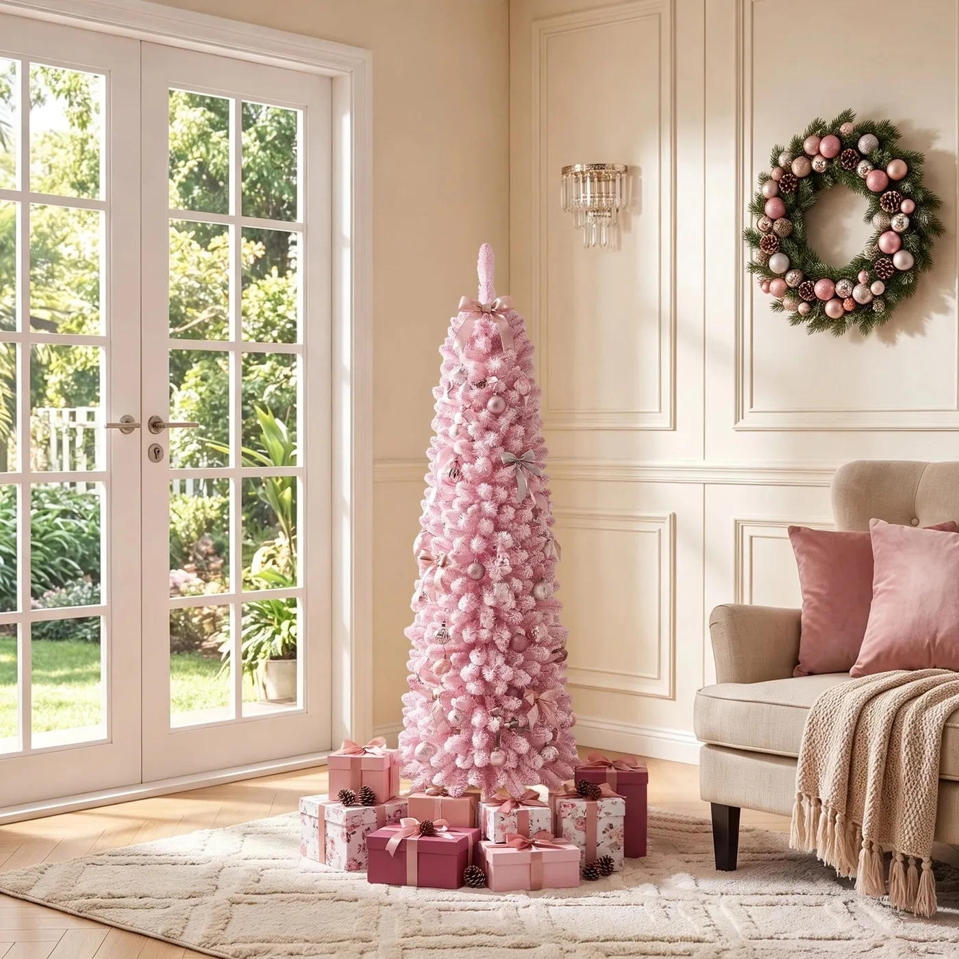 Costway 1.5M Pink Flocked Christmas Tree Artificial Pre-Lit Xmas Tree 8  Modes - Pink - Kmart