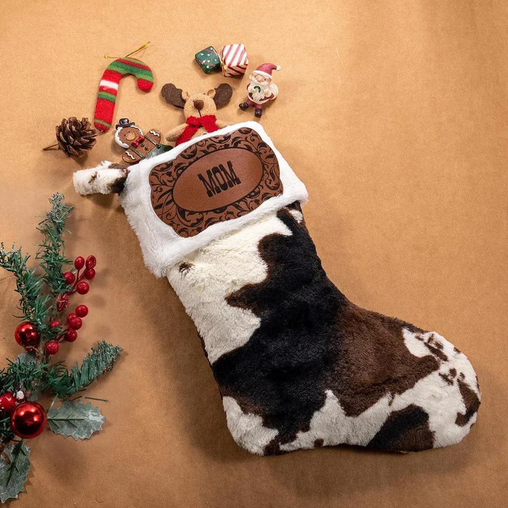 Custom Name Leather Patch Cow Print Christmas Stocking, Western Festive  Stocking with Name Patch, Farmhouse Decor, Christmas Gift for Cow Lover/Mom  - GetNameNecklace
