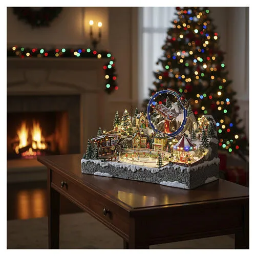 Deluxe Christmas Village with Skaters, Train, Sleigh, and Merry-Go-Round Electric,65x55x45 cm | online sales on HOLYART.com