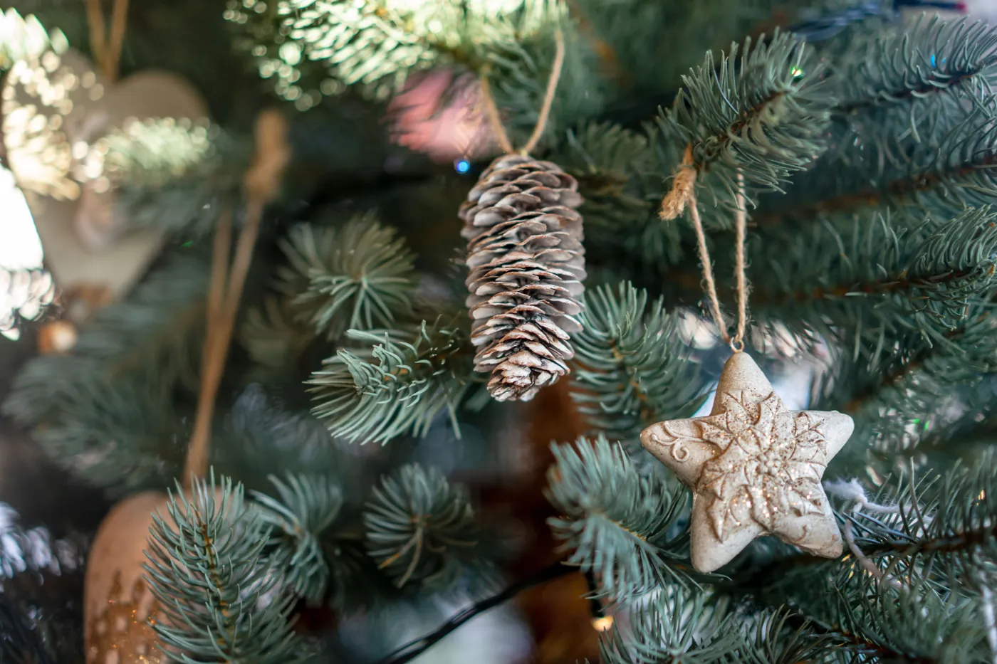 Detailed view of pinecone and star ornaments on a Christmas tree.