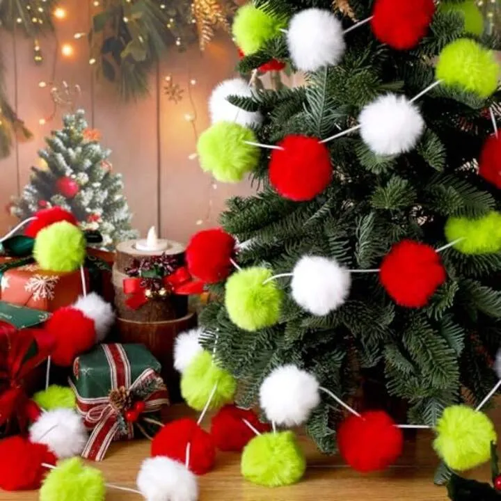 DNewwiee 2 Pack Christmas Furry Pom Pom Ball Garland 6.56 Ft Pastel Furry Xmas Banner For Christmas Tree Mantle Fireplace Red White Green Xmas Garland Decorations For Indoor Home Wall Party Decor |