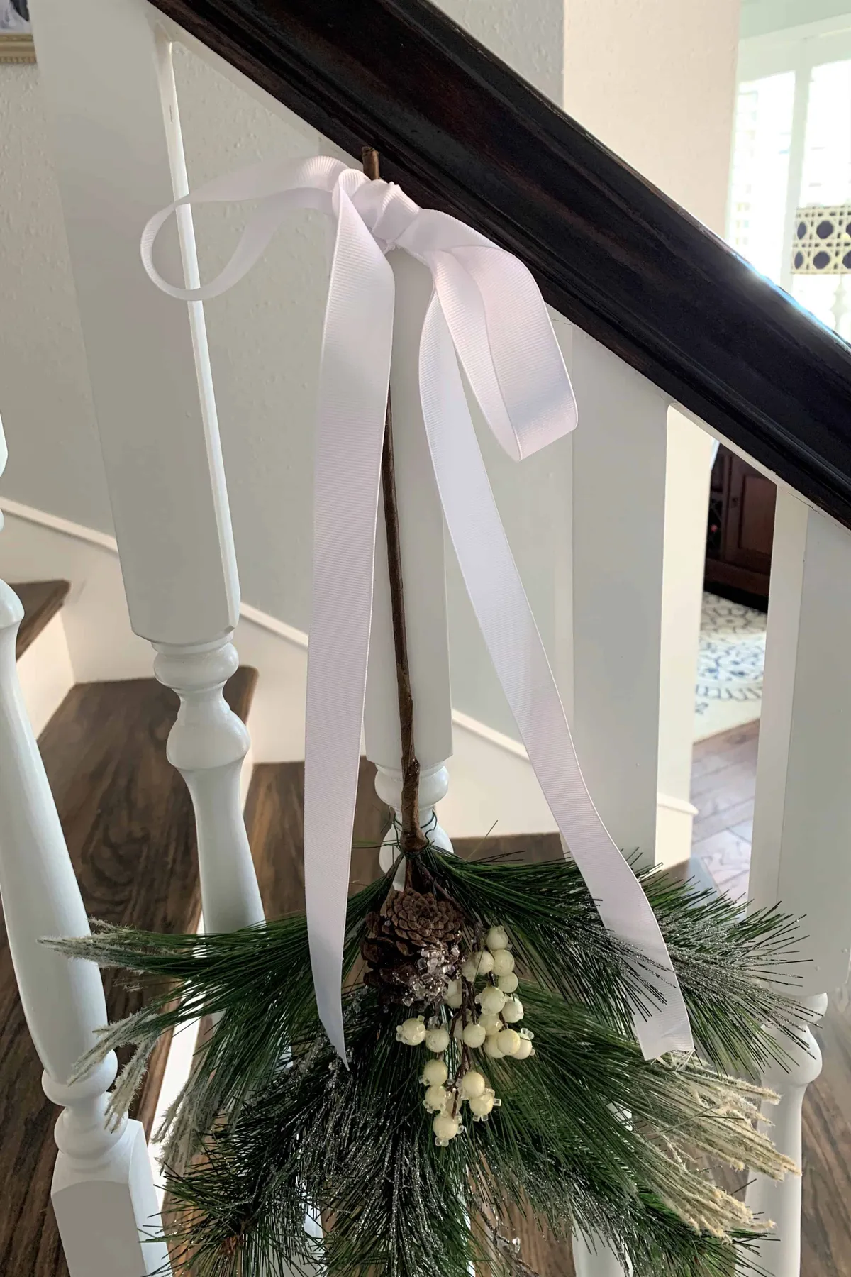 Easy Christmas Staircase Decorating Idea: Pine Sprays - thetarnishedjewelblog