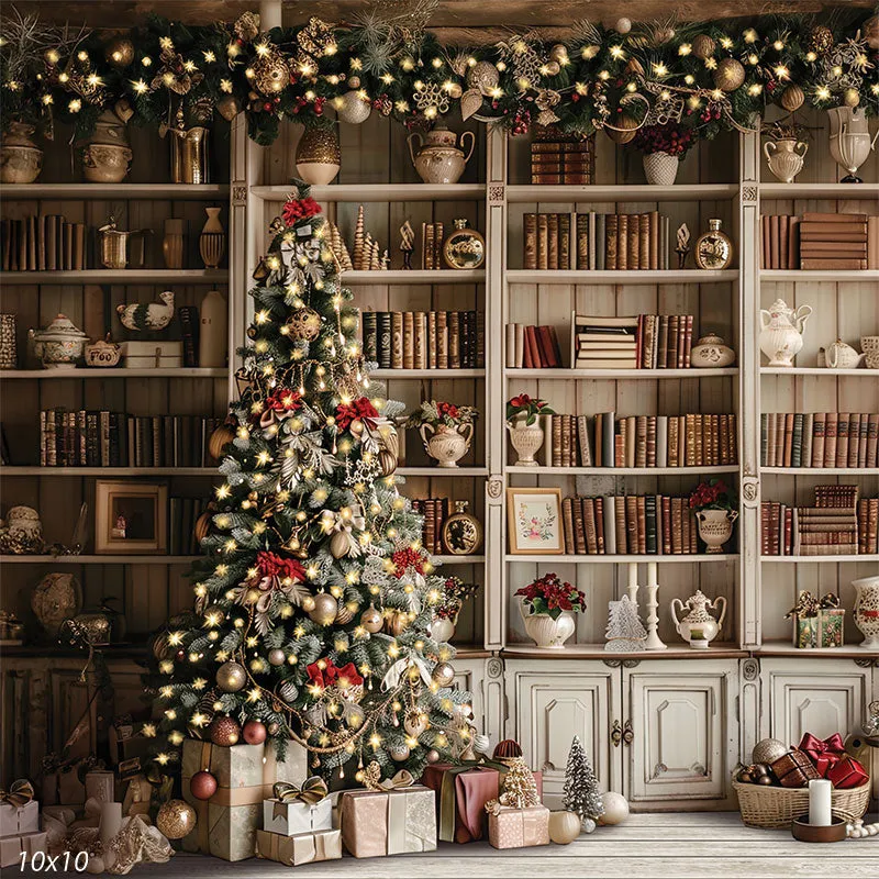 Elegant Christmas Tree Library Backdrop for Holiday Photography