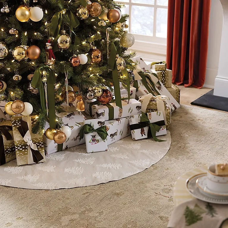 Embroidered Christmas Tree Skirt with Natural Linen & Ivory Velvet