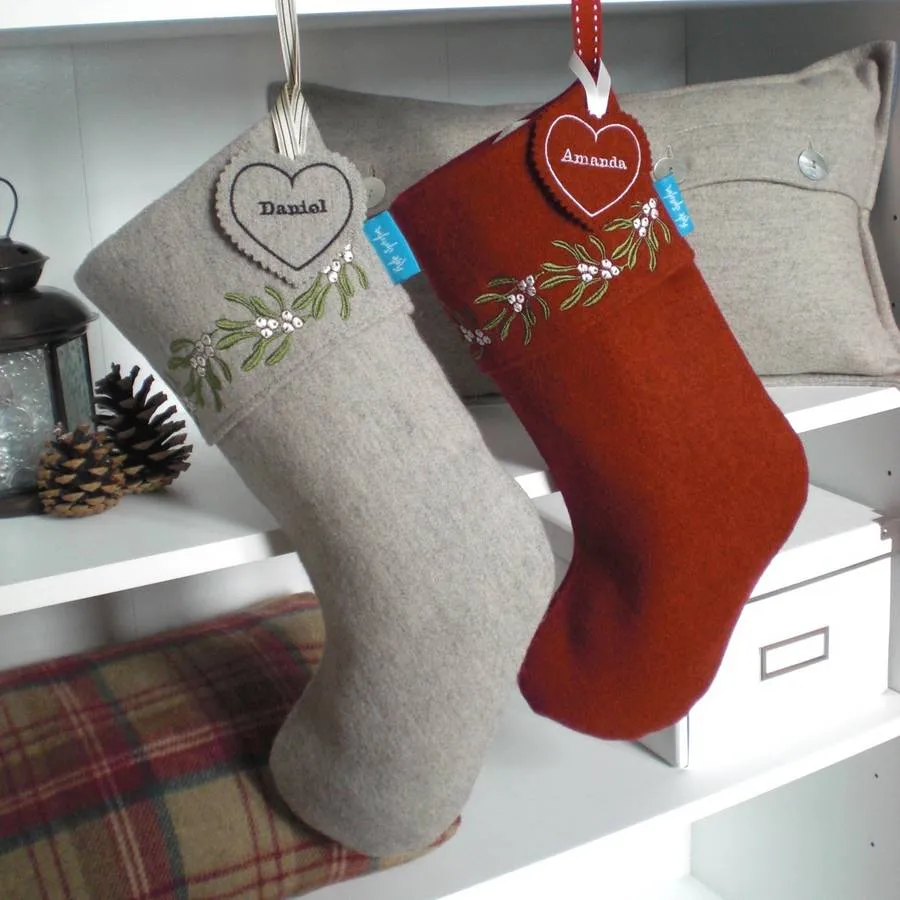 Embroidered Mistletoe Christmas Stocking By Kate Sproston Design