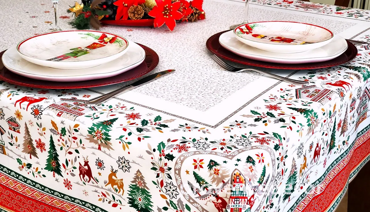 Fabric Christmas Table Cloth SASTYBALE Christmas Tablecloth  Rectangle,Jacquard Fabric Christmas Table Cloth With Poinsettia Flowers,