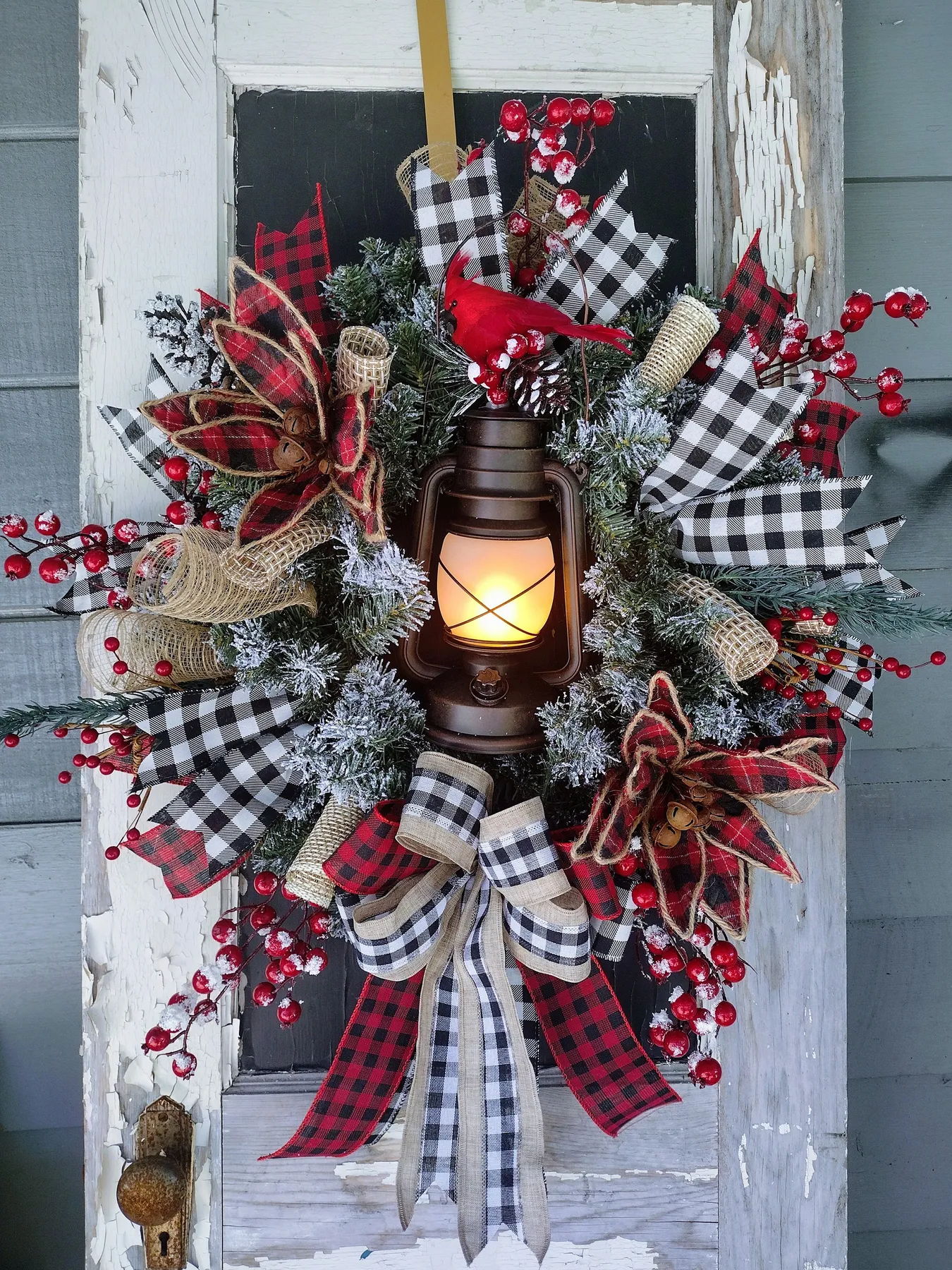 Farmhouse Christmas Lantern Wreath: Rustic Buffalo Check Hand Crafted Holiday Wreath with Plaid and Red Flowers