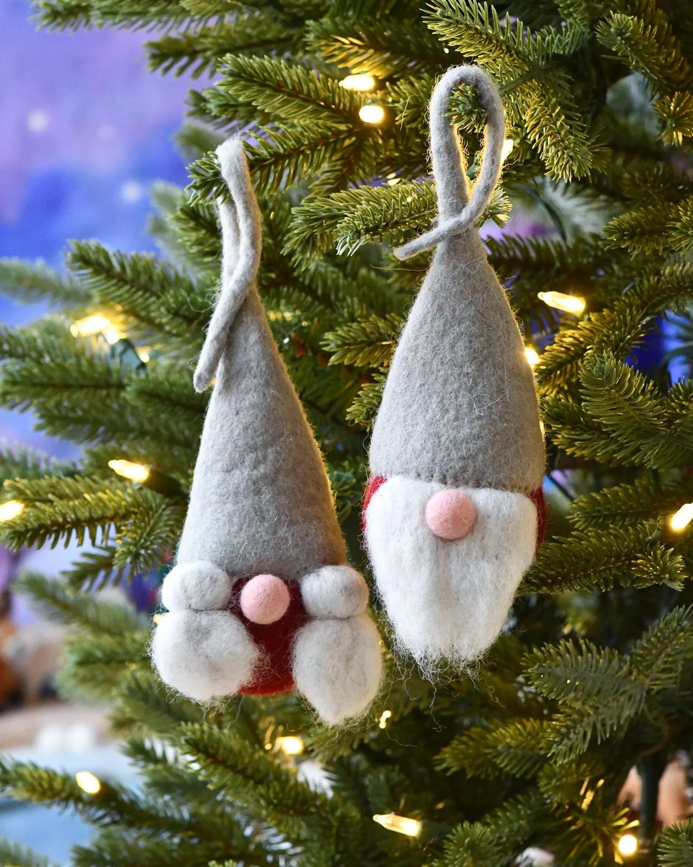 Felt Christmas Grey-Red Santa Gnome Baubles (Pair) | Tara Treasures | Felt Play Food, Baby Cot Mobiles, Finger Puppets, Cat Caves, Kids Felt Toys