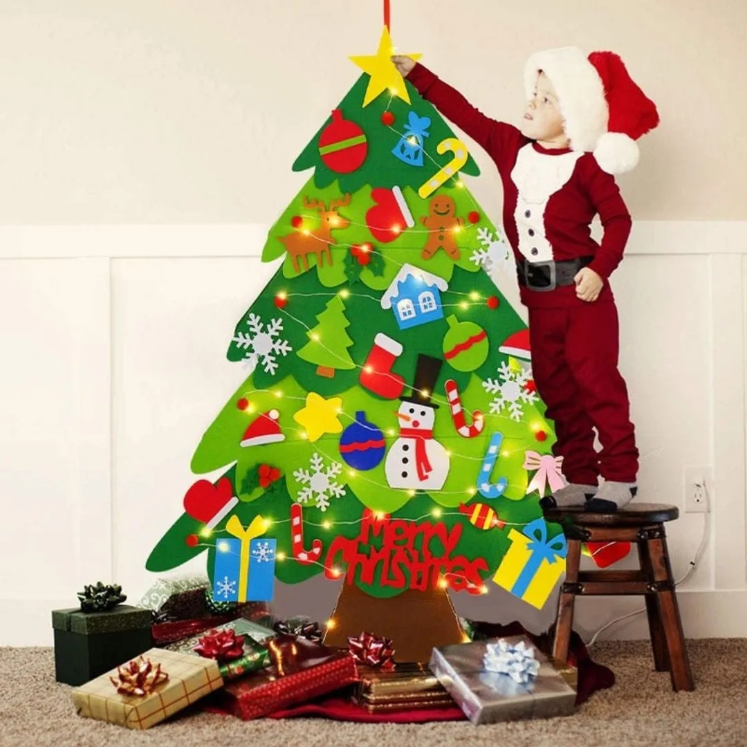 Felt Christmas Tree Wall Board with LED and Ornaments | Sansoti