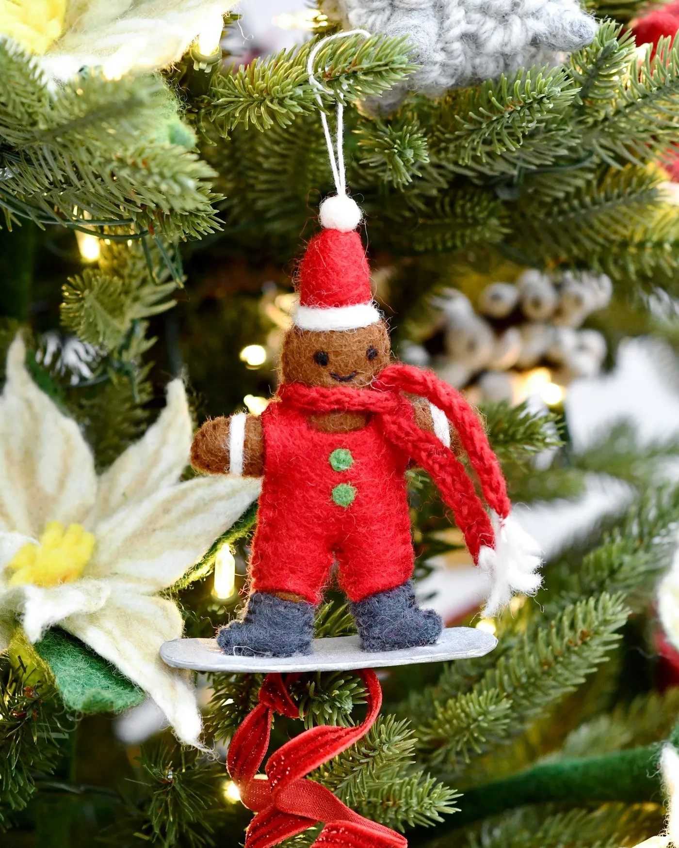 Felt Gingerbread on Snowboard Ornament | Tara Treasures | Felt Play Food, Baby Cot Mobiles, Finger Puppets, Cat Caves, Kids Felt Toys
