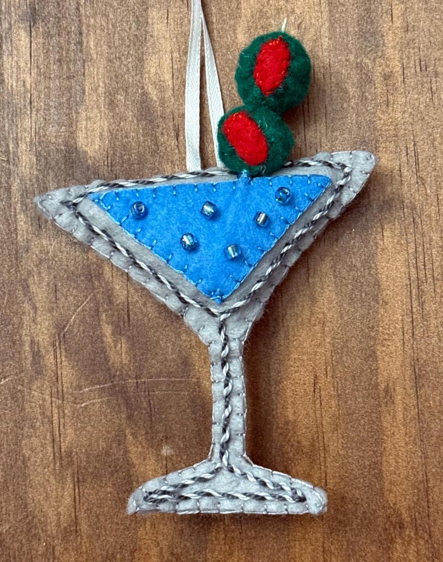 Felt Martini Christmas Ornament, Blue Cocktail Decor with Olives and Beads,  Handmade Bar Cart Ornament, Hostess Gift for Drink Lovers