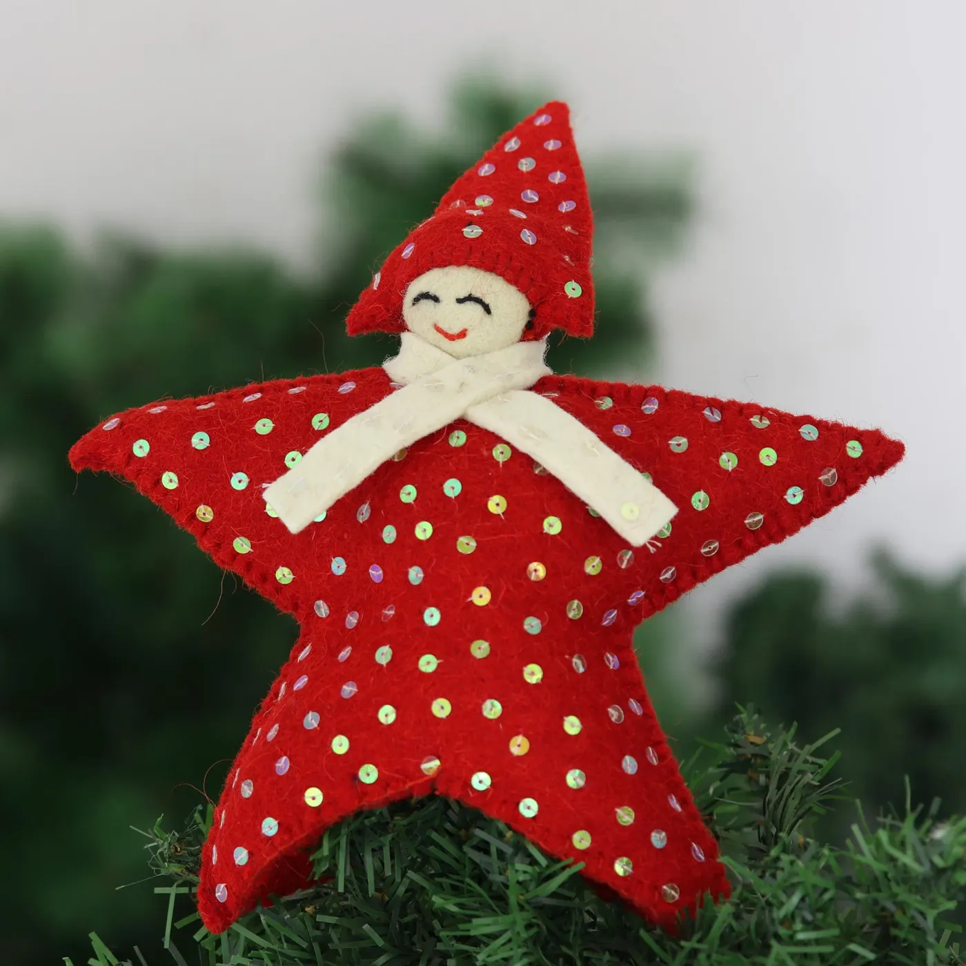 Felt Wool Star-Motif Holiday Tree Topper - Angel Face | NOVICA