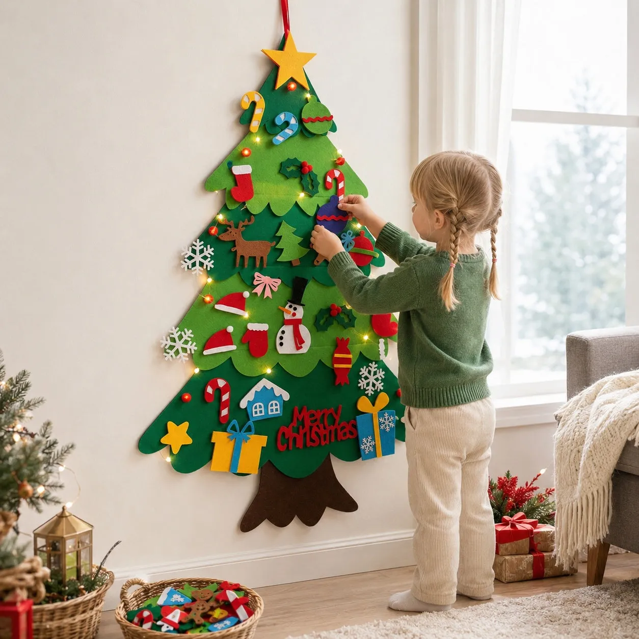 FeltGrove Felt Christmas Tree for Kids Montessori Wall Tree with Fairy Lights Toddler Activity | Jouzzle