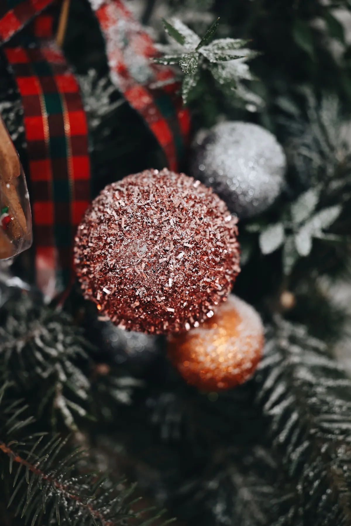 Festive close-up of frosty Christmas tree ornaments with red, gold, and silver baubles and plaid ribbon.
