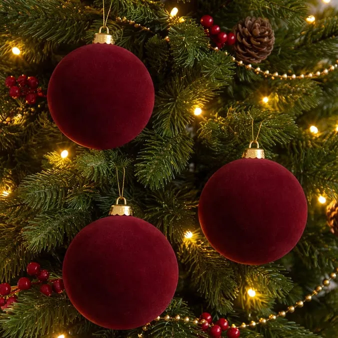 Festive Feeling 15cm Flocked Christmas Baubles 3 Pack | Home Bargains