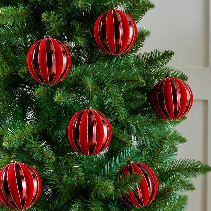 Festive Feeling Alpine Woods Flocked Stripe Christmas Bauble 6 Pack | Home  Bargains