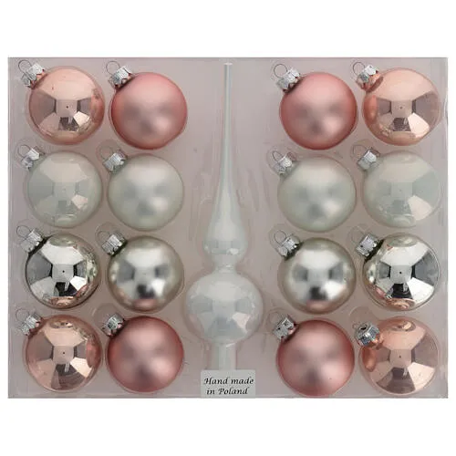 Finial tree topper and Christmas ball set 16 pcs blown glass white pink  silver | online sales on HOLYART.com