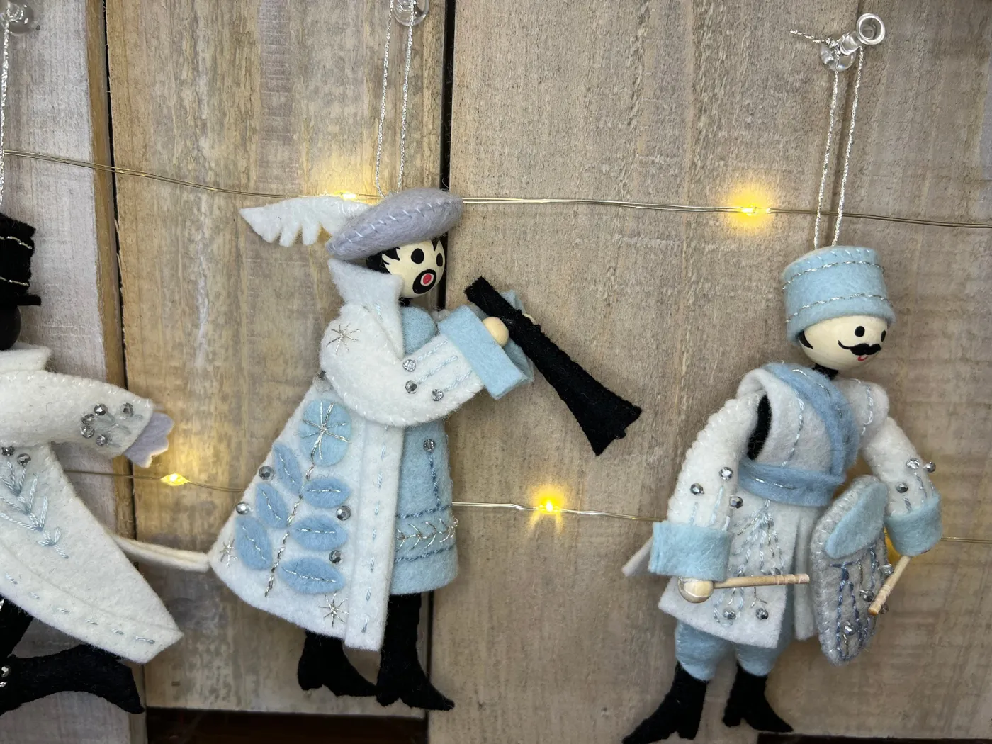 FINISHED Handmade Twelve Days of Christmas Ornaments in Winter Frost, 100%  Wool felt with Czech Glass Beads