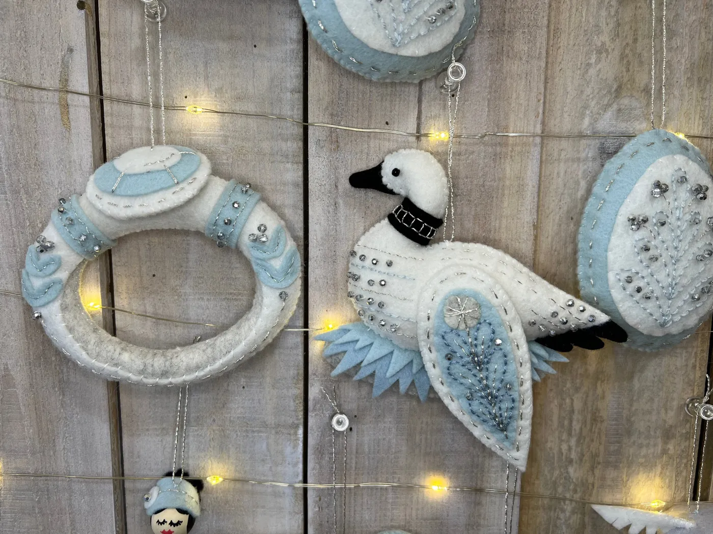 FINISHED Handmade Twelve Days of Christmas Ornaments in Winter Frost, 100%  Wool felt with Czech Glass Beads