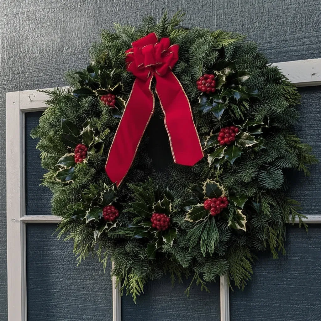 Fresh Holly, Cedar and Noble Fir Christmas Wreath | Natural Holiday Door Wreath | Traditional Winter Greenery