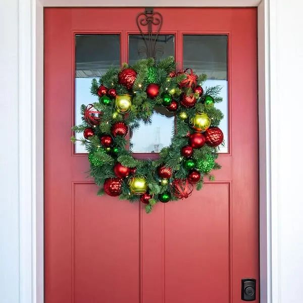 Front Door Wreath Battery Operated Christmas Wreath Village Lighting Company 30 Artificial Pre-Lit LED Festive Holiday Wreath V-20564 The Home Depot