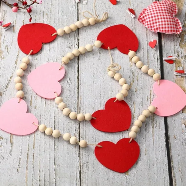 Garland Valentines Day Decor Red Pink Felt Heart Wooden Bead Garland  Decorative Romantic Hangings Ornaments for Home Mantle Fireplace Wall