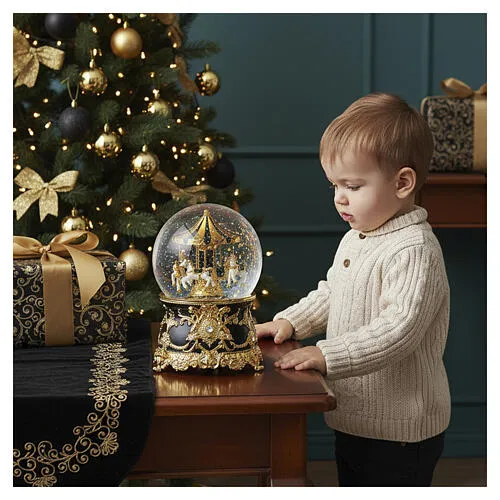 Glass music box carousel snow globe with black and gold, 15x10 cm | online  sales on HOLYART.com
