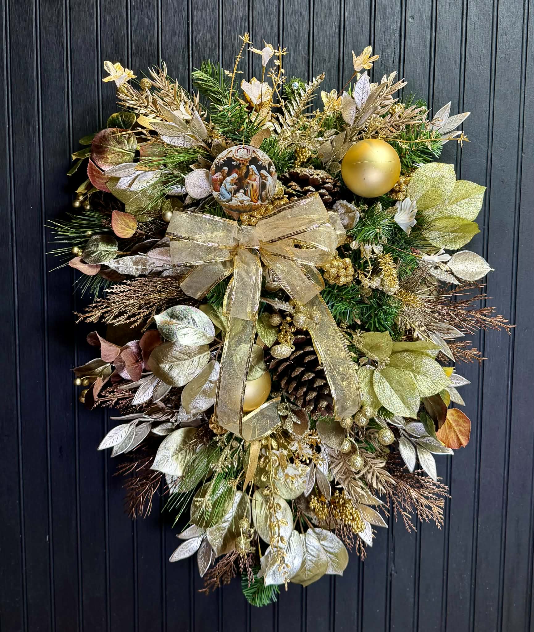 Gold, Bronze and Green 30' Swag with Nativity Ccene Ornament - Winter –  Shell Bell Wreaths