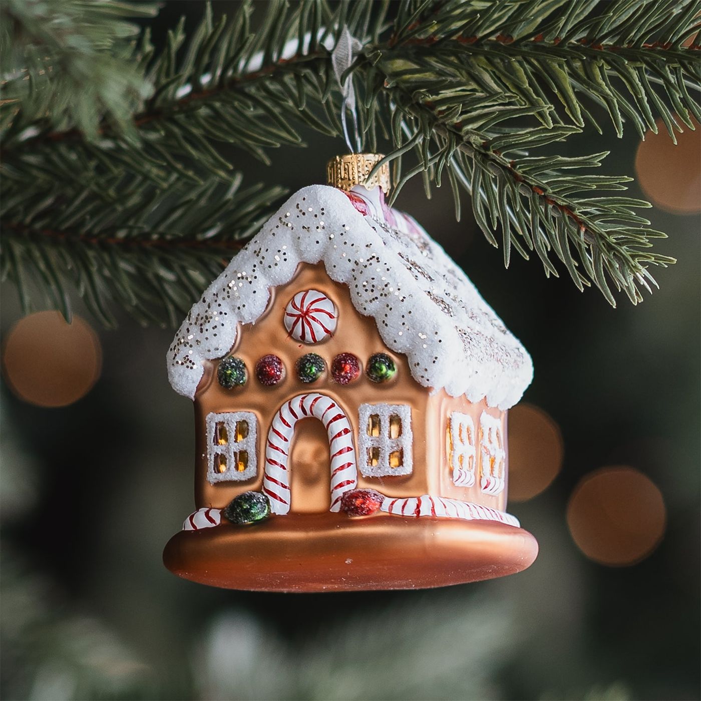 Gold-coloured gingerbread house Christmas ornament 7.5 cm glass