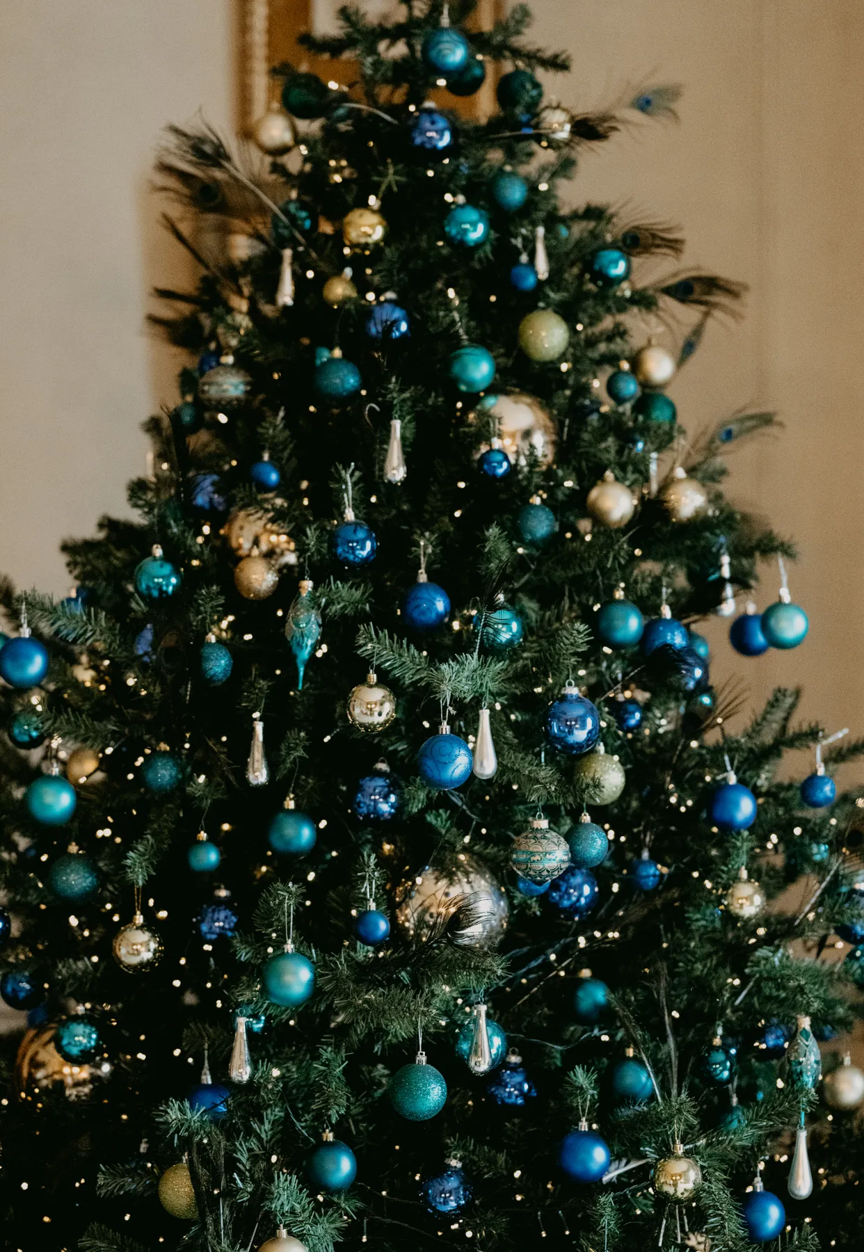 green christmas tree with blue baubles