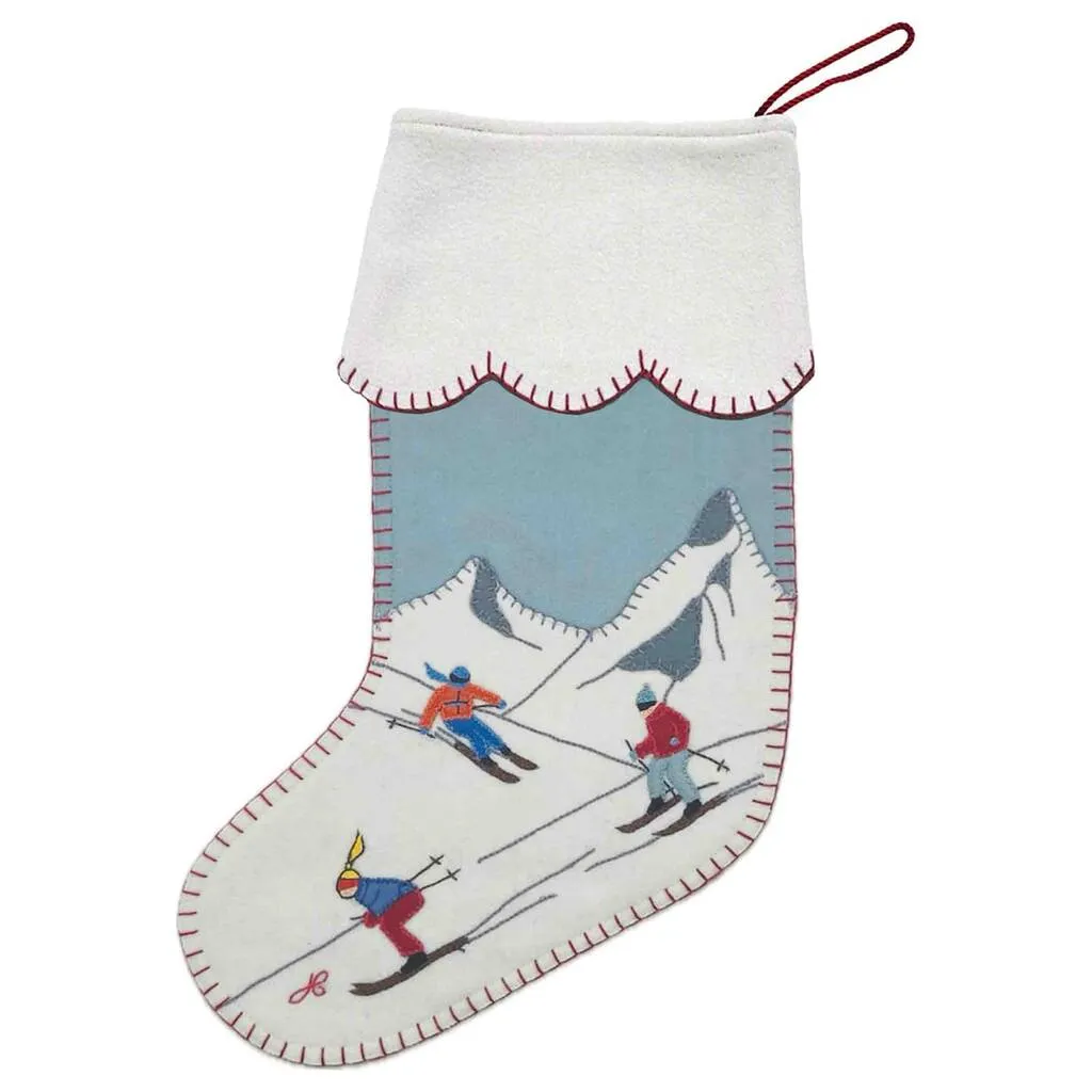 Hand Embroidered Little Skiers Wool Christmas Stocking By Jan Constantine
