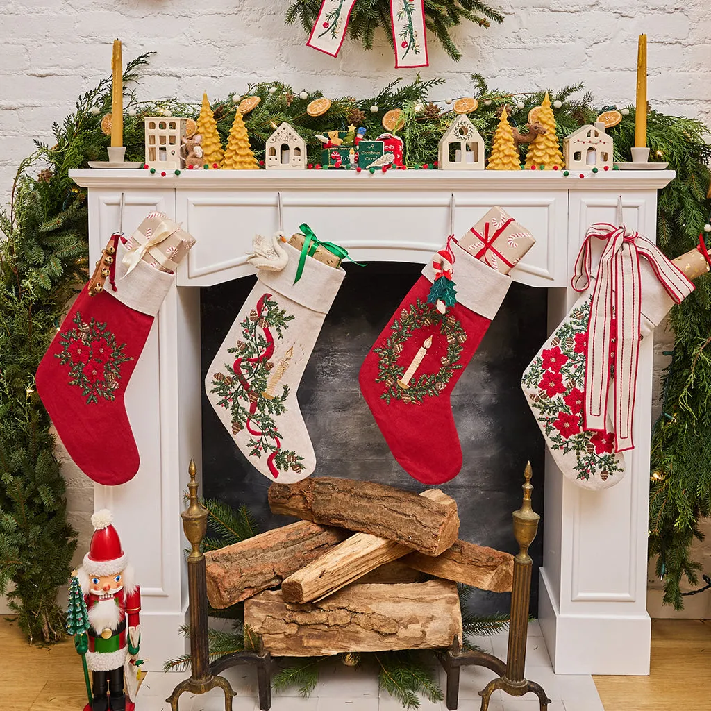 Hand-Embroidered Natural Linen Candle Garland Stocking