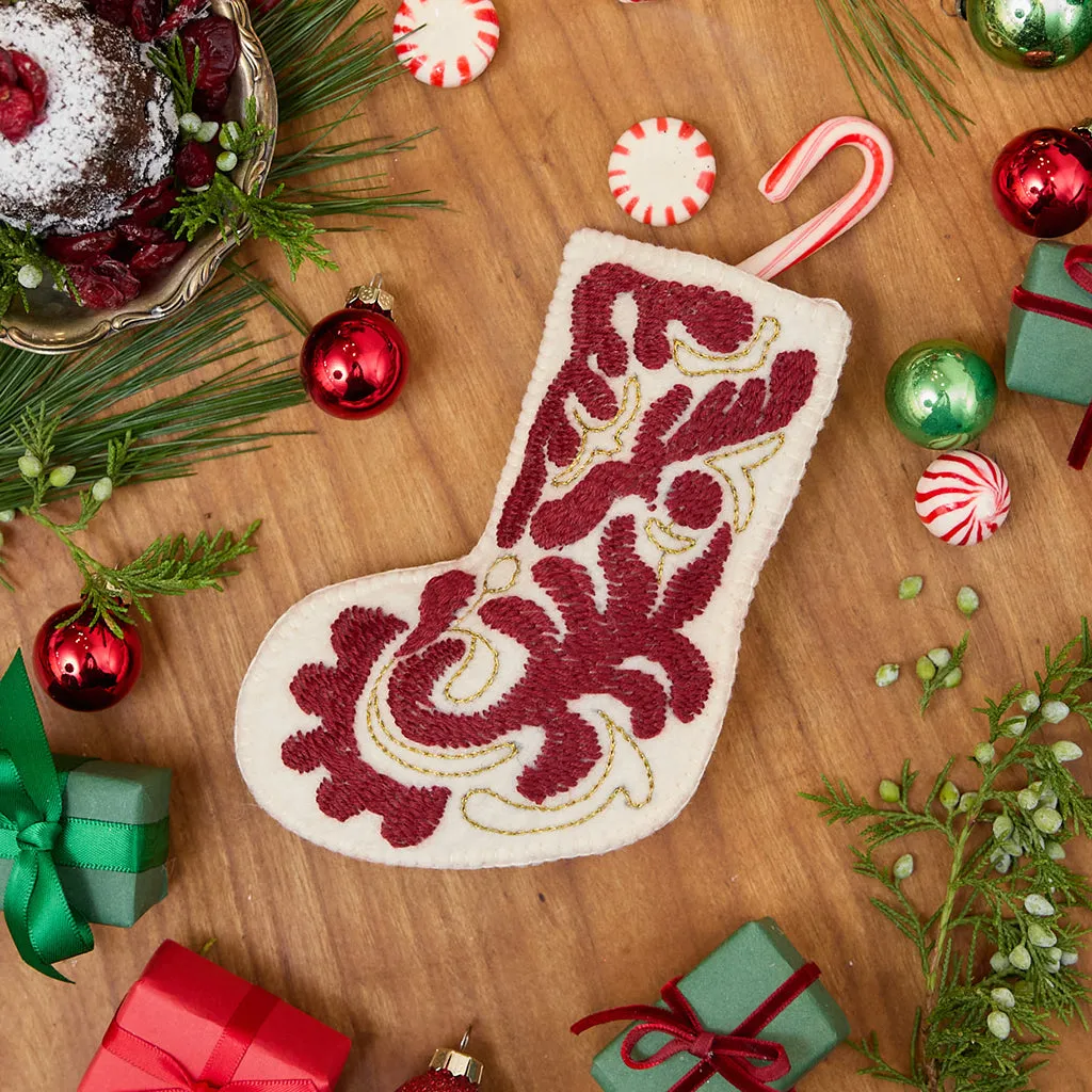 Hand-Felted and Embroidered Mini Red & Gold Stocking Ornament – Craftspring