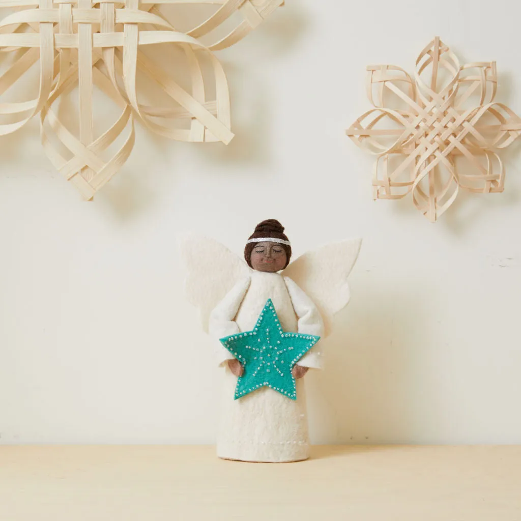 Hand Felted Brown Angel in White Dress with Green Star Tree Topper –  Craftspring