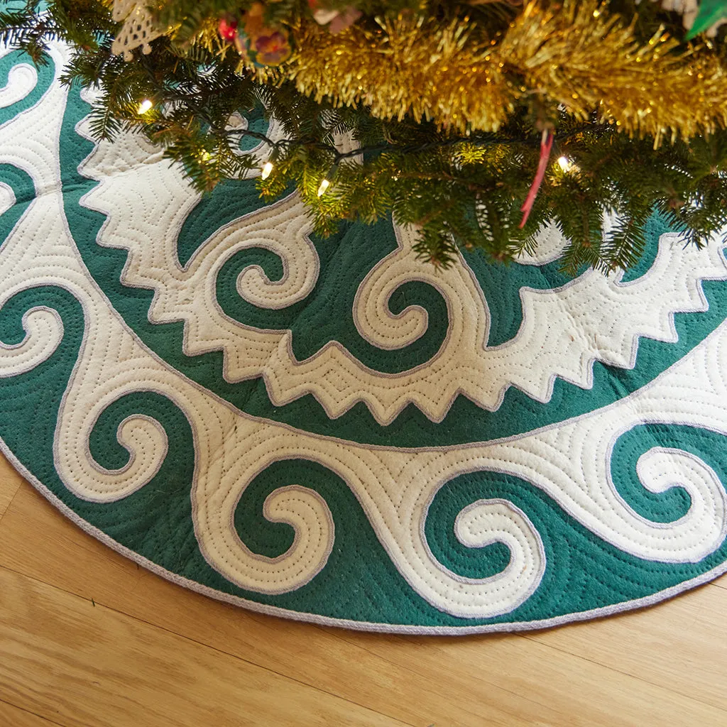 Hand Felted Contemporary Green with White Shyrdak Tree Skirt