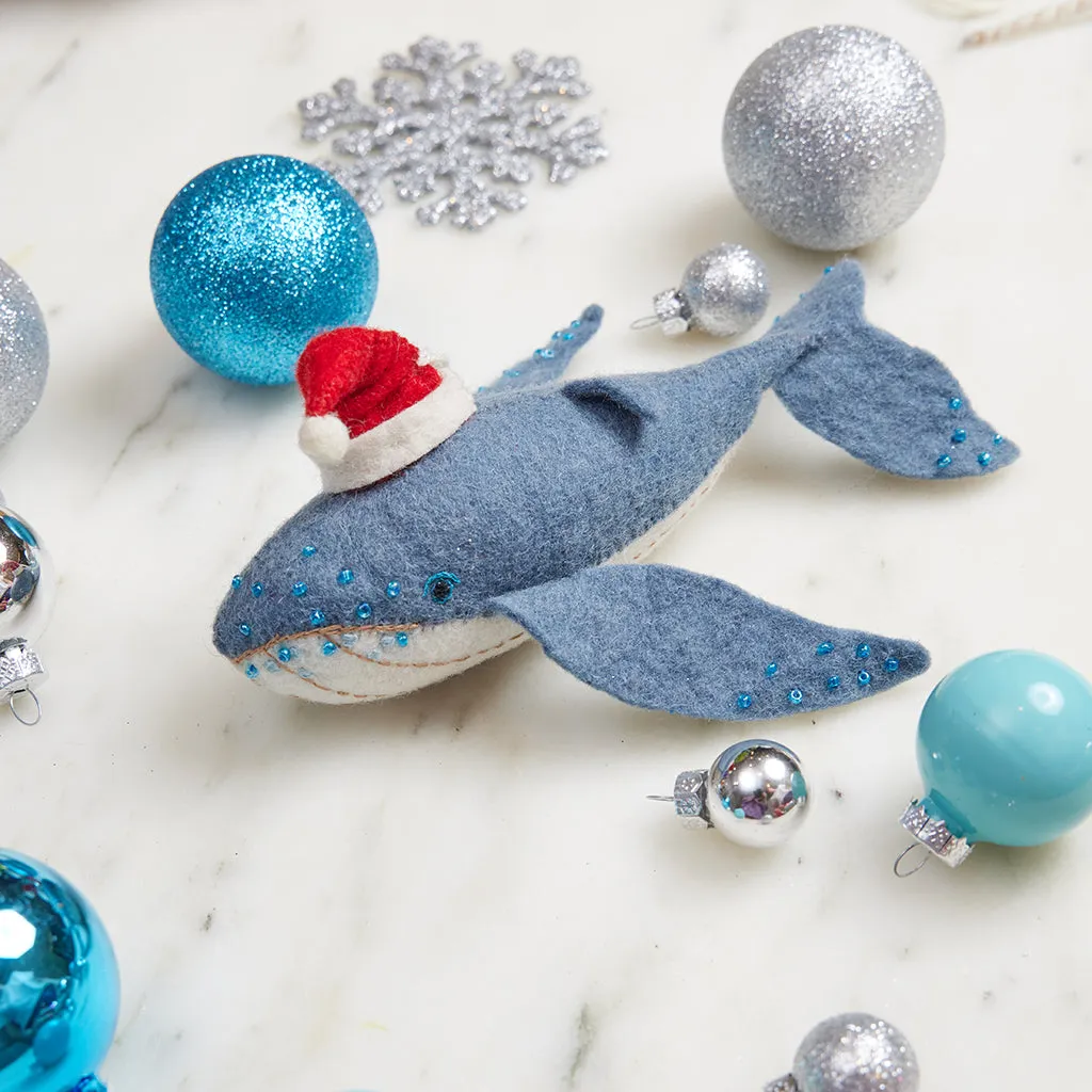 Hand Felted Happy Santa Blue Humpback Whale Ornament
