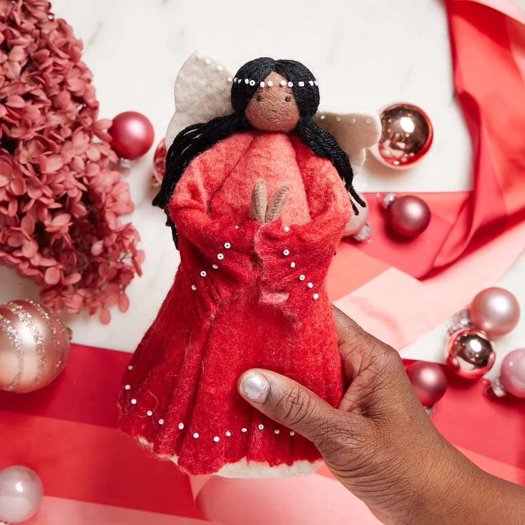 Hand Felted Red Praying Holiday Angel Tree Topper