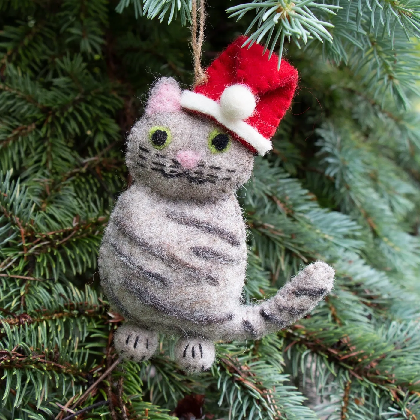 Handcrafted Felt Grey Tabby Santa Cat Felt Ornament - Gifts With Humanity